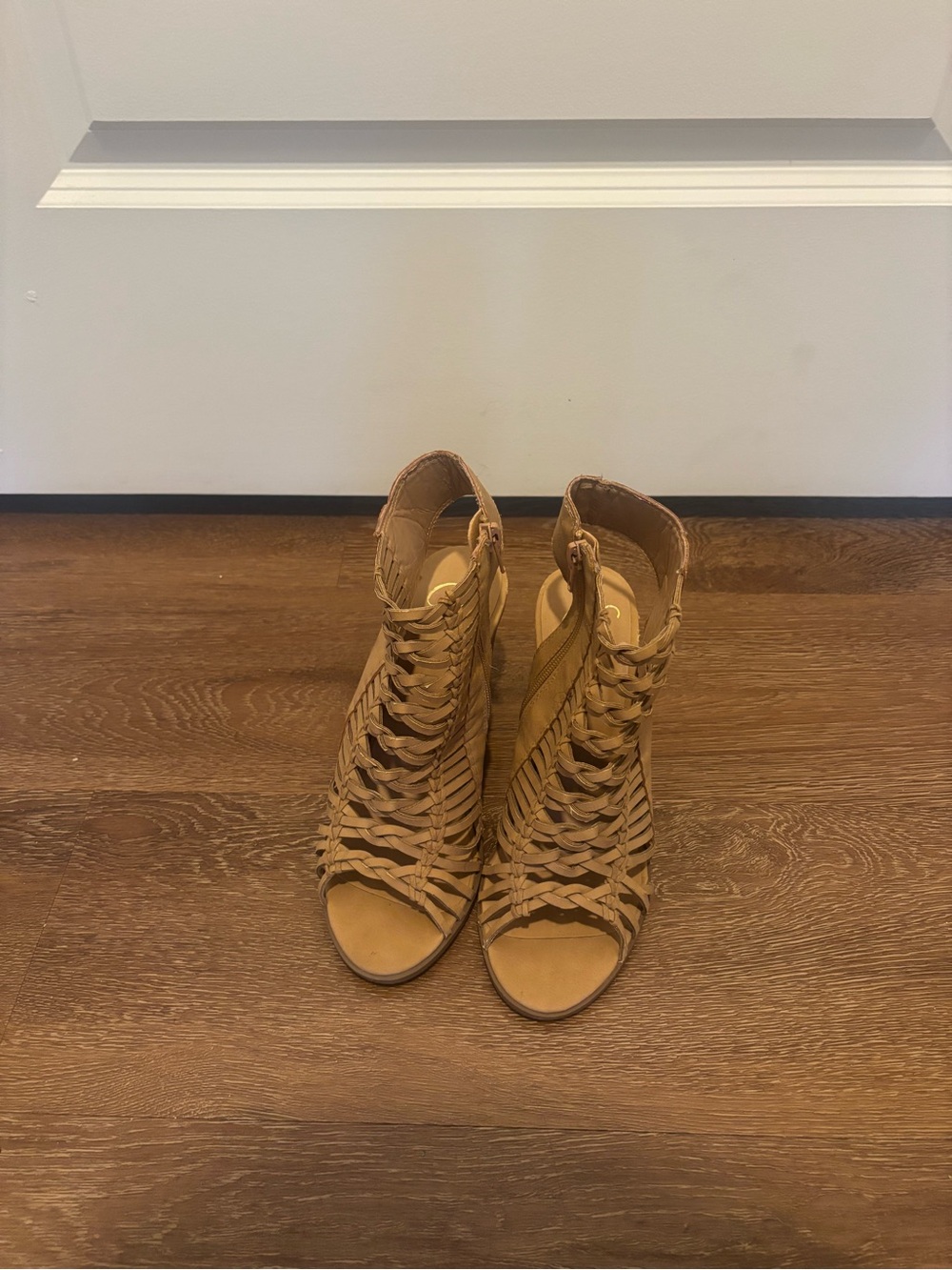 Woven Peep-Toe Heeled Sandals - Tan